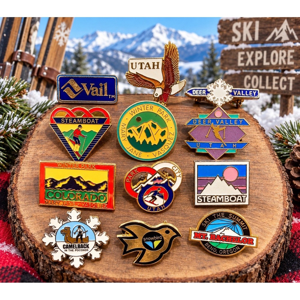 Vintage Ski Resorts Enamel Pin Lot 12 Vail Deer Valley Steamboat Snowbird Utah
